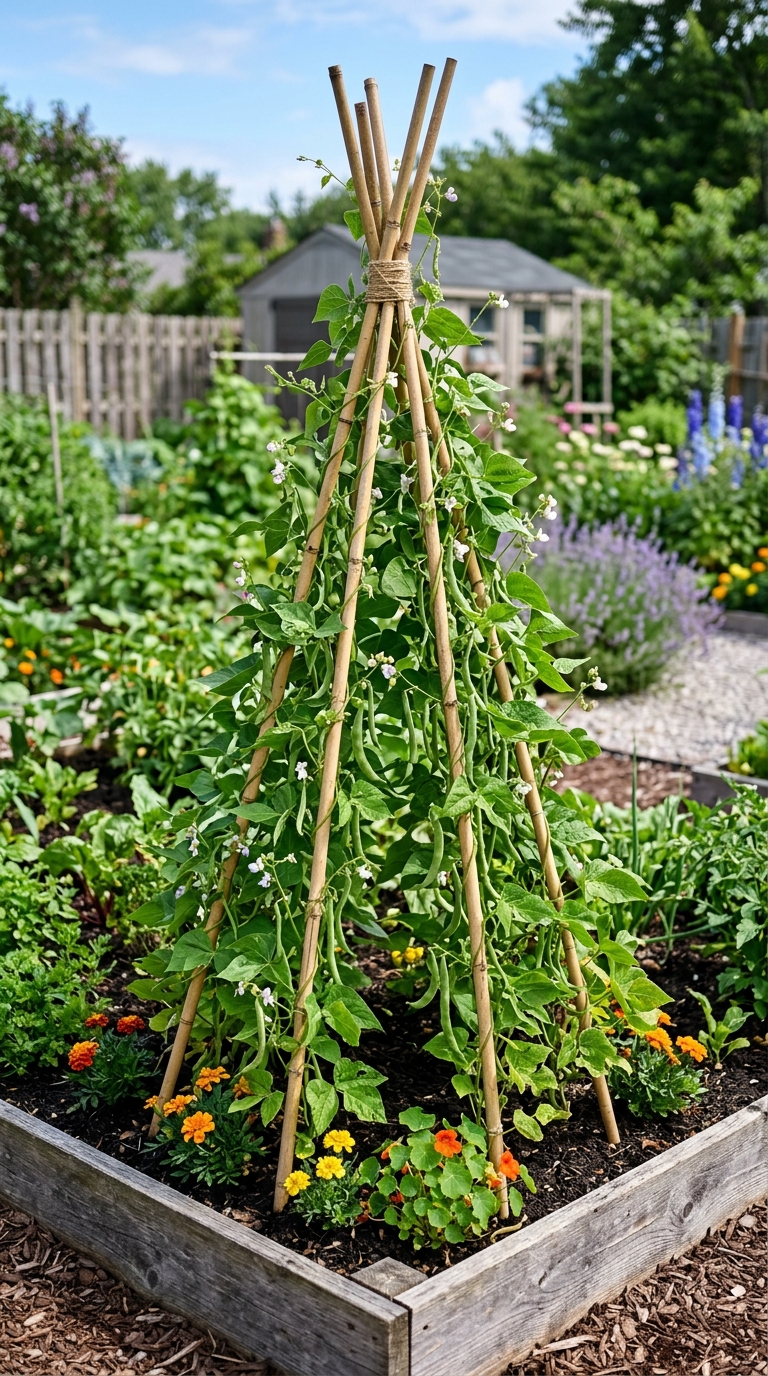 DIY bamboo teepee trellis supporting climbing bean plants in garden