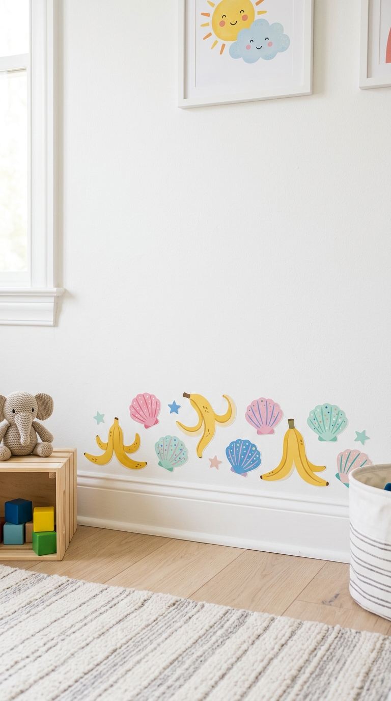Banana peel and shell wall decals along floor trim in kids' bedroom