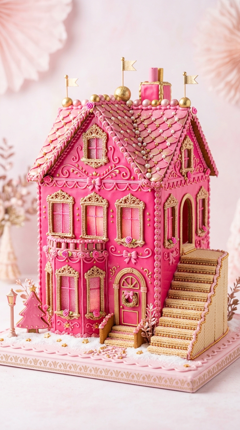 Hot pink Barbie-inspired gingerbread house with gold accents, a fun pink gingerbread house idea