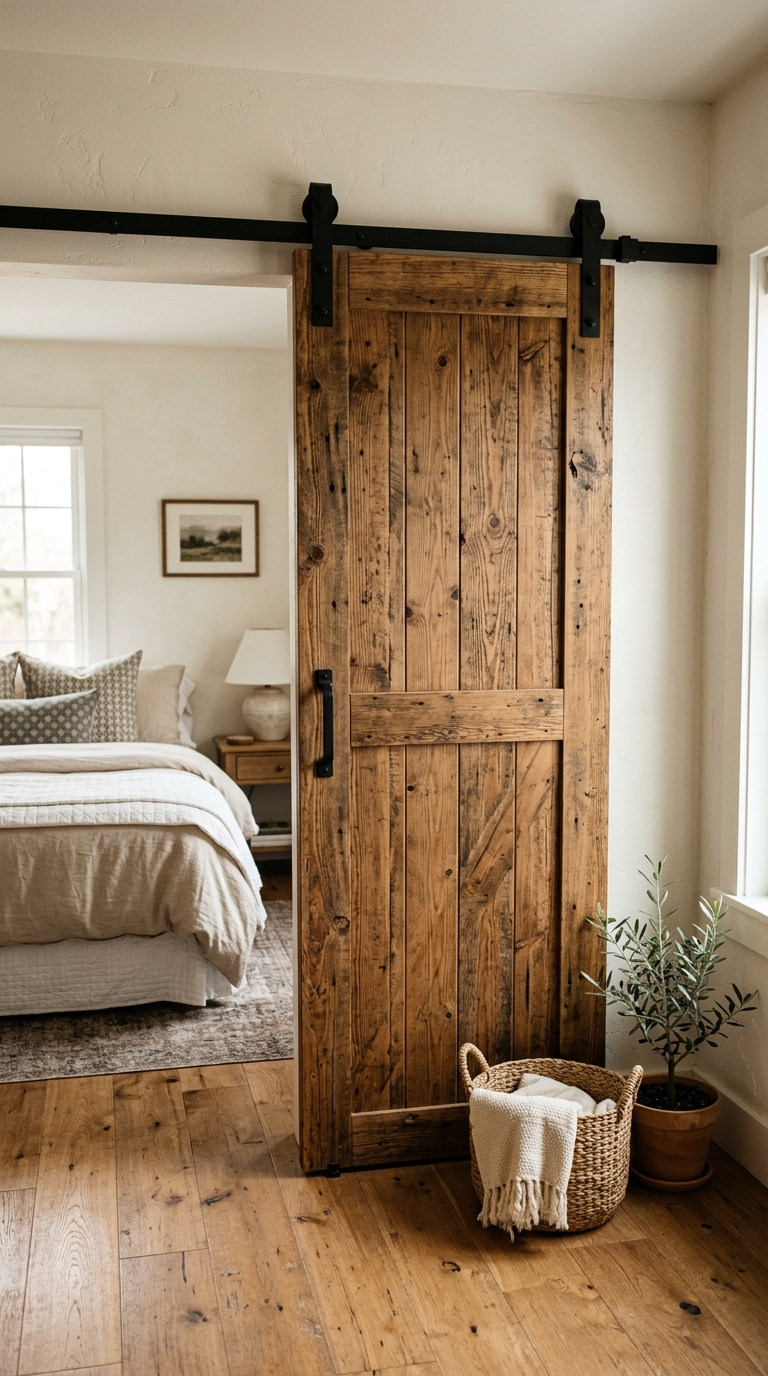 Sliding barn door used as a closet divider in a farmhouse bedroom