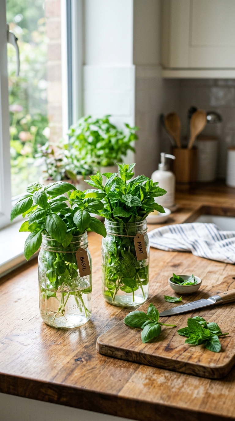 Fresh basil and mint jars styled near a kitchen cooking area