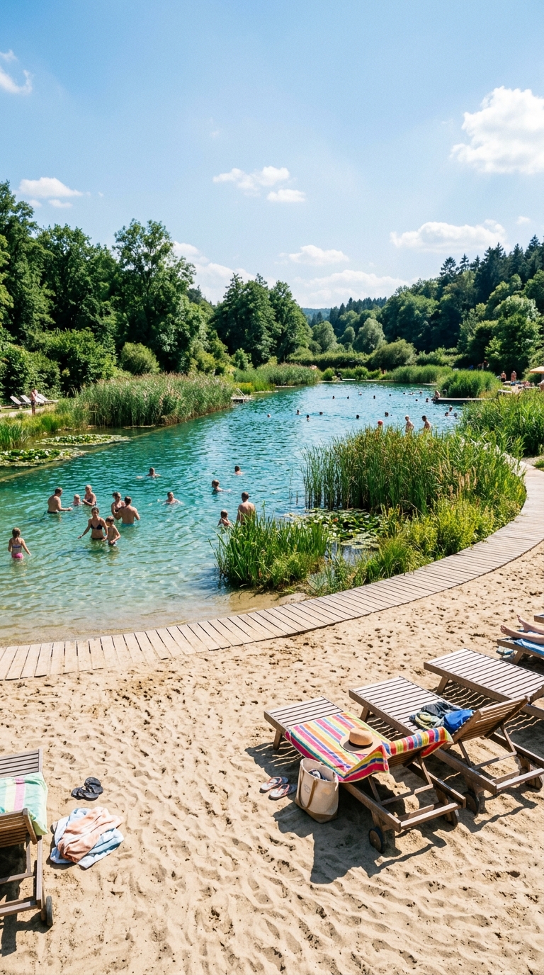 Natural swimming pool with beach-style entrance and reed filtration beds