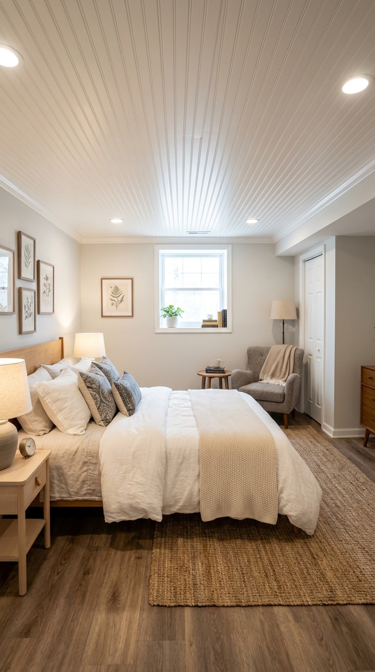 White beadboard ceiling in a basement guest bedroom