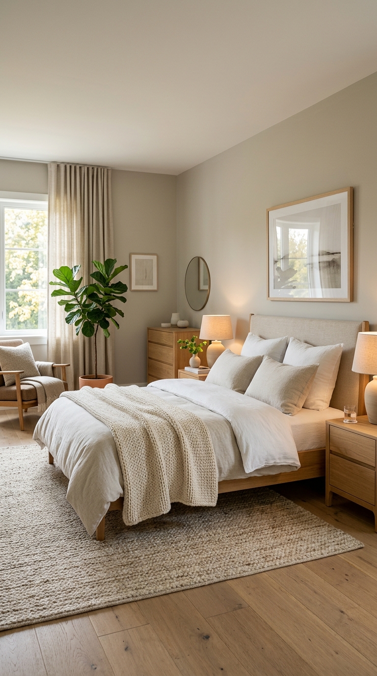 Cozy bedroom featuring calming paint color ideas with warm neutral walls and relaxing modern decor.