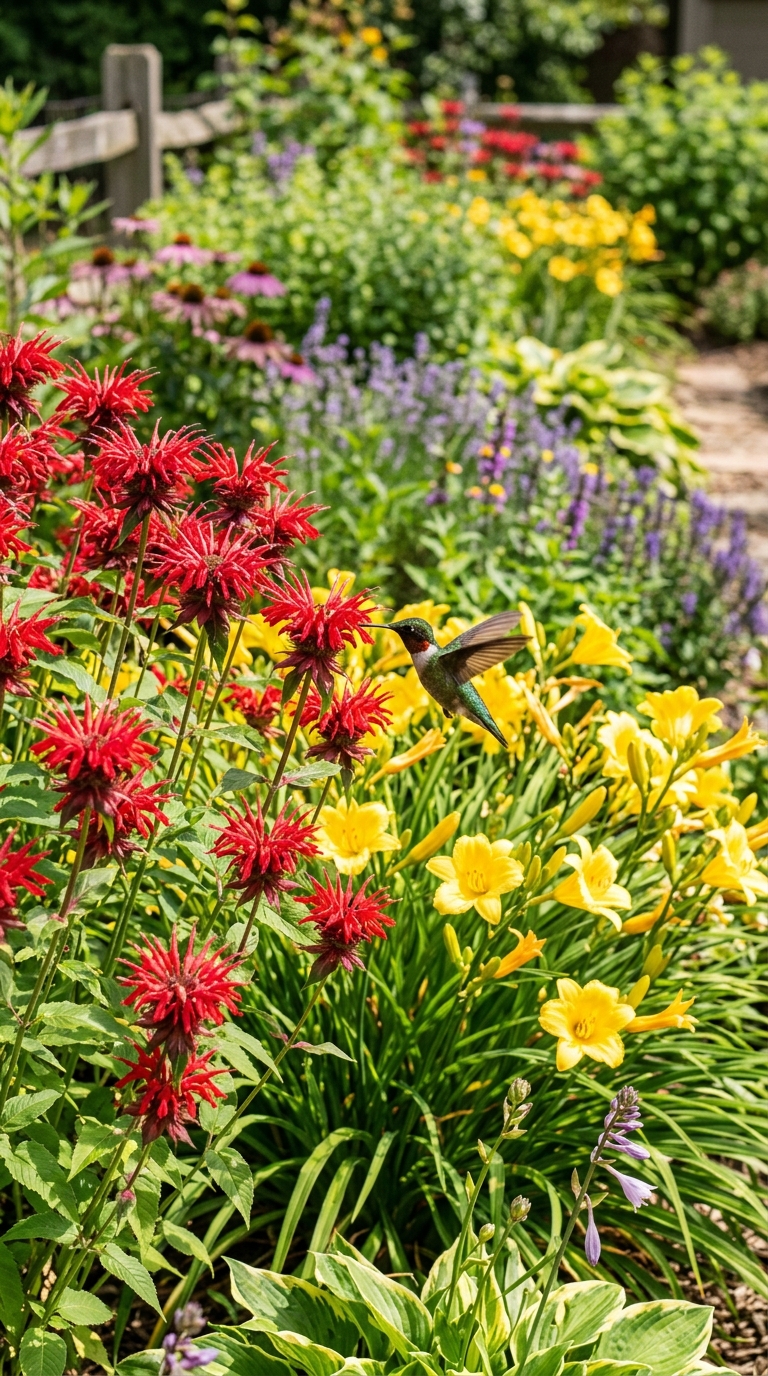 Red bee balm planted as a pollinator-friendly companion to daylilies
