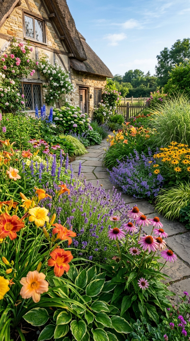 Best daylily companion plants growing together in a colorful summer garden with vibrant blooms and lush foliage.