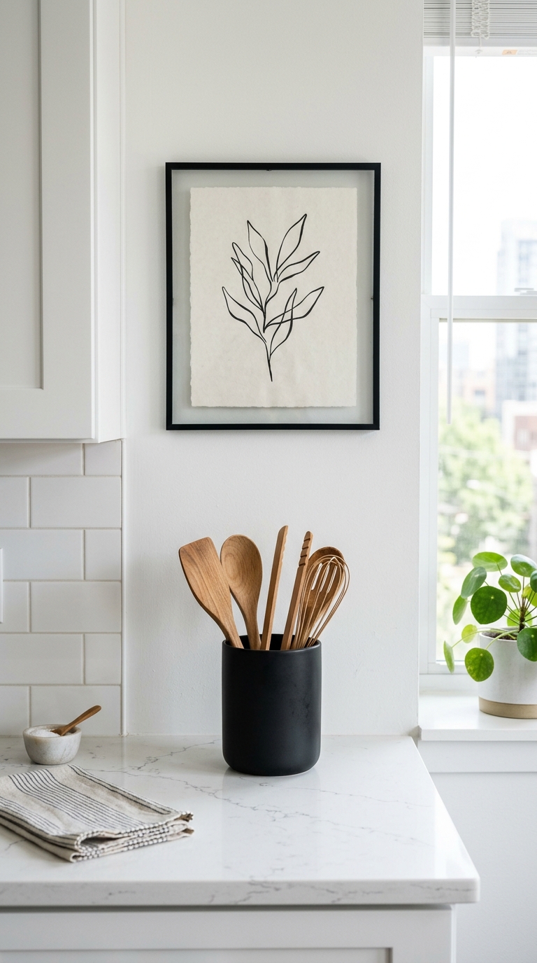 Matte black accents in a white apartment kitchen