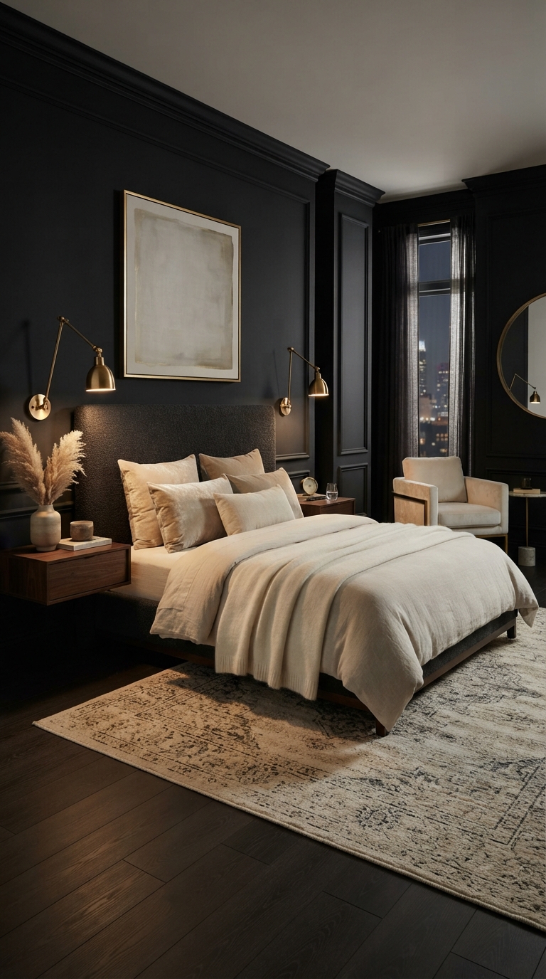 Matte black bedroom walls creating a cozy, luxurious hotel-suite feel