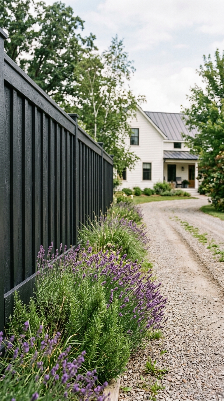 Black board-and-batten fence with lavender planting along a farmhouse driveway