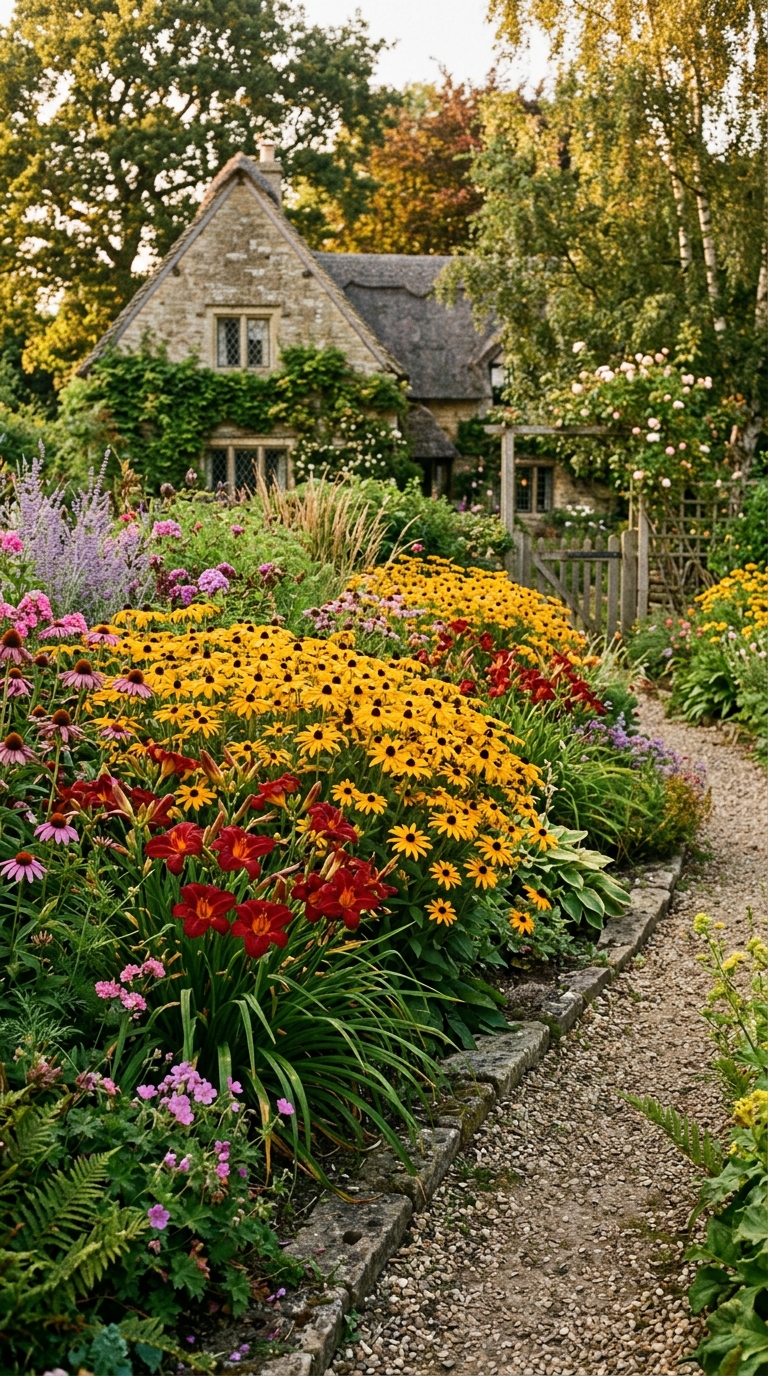 Black-eyed Susans planted as summer companion flowers with daylilies