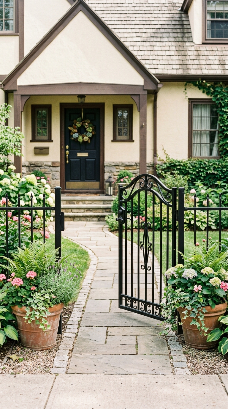 Black garden fence with bold house number sign near the entrance gate