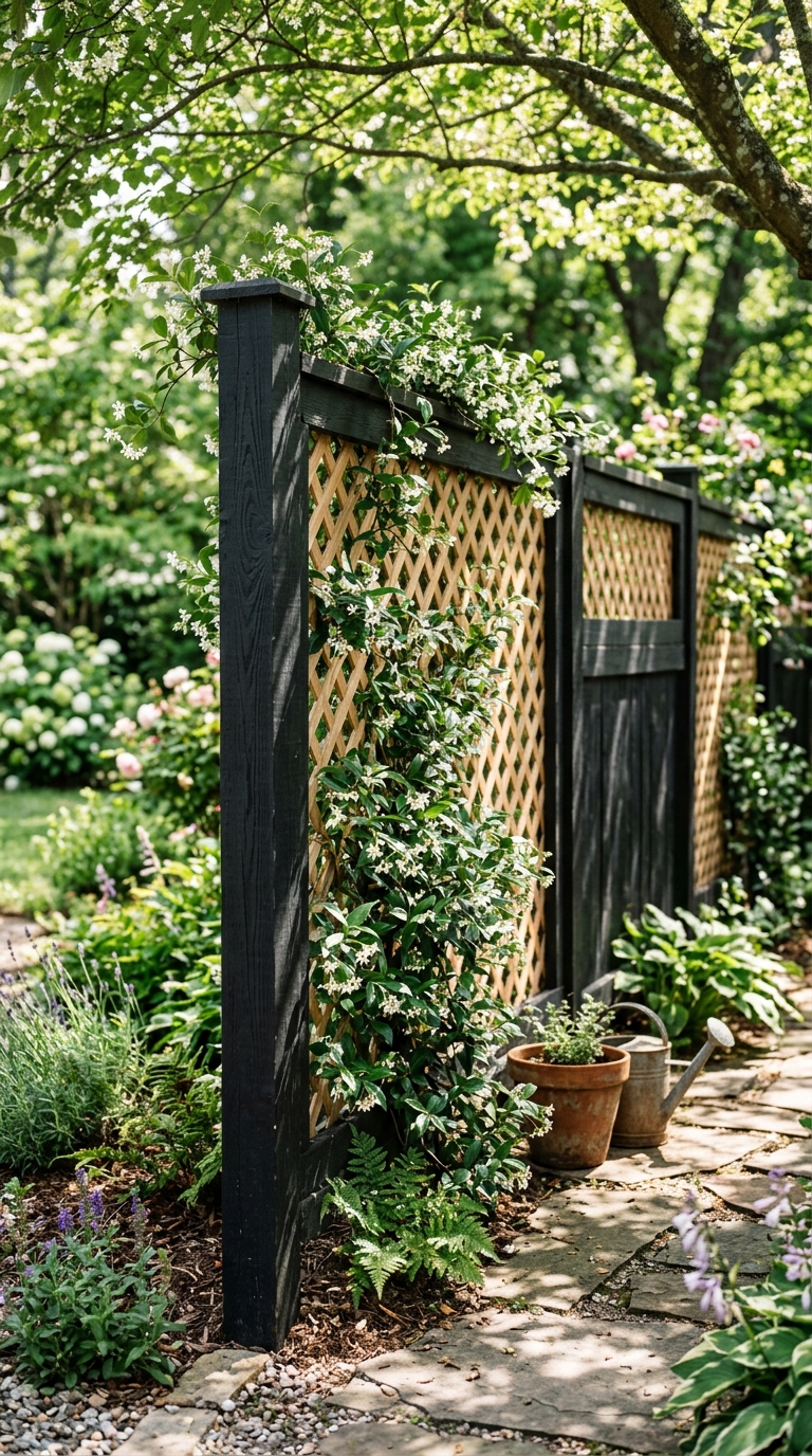 Black wood fence with natural wood lattice insert and climbing jasmine vines