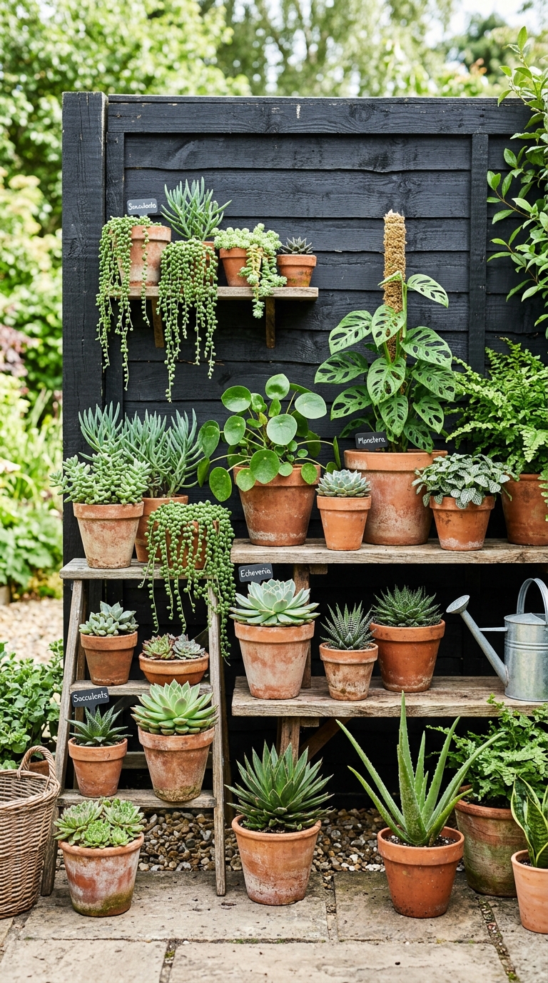 Black fence backdrop with potted plant and succulent display at varying heights