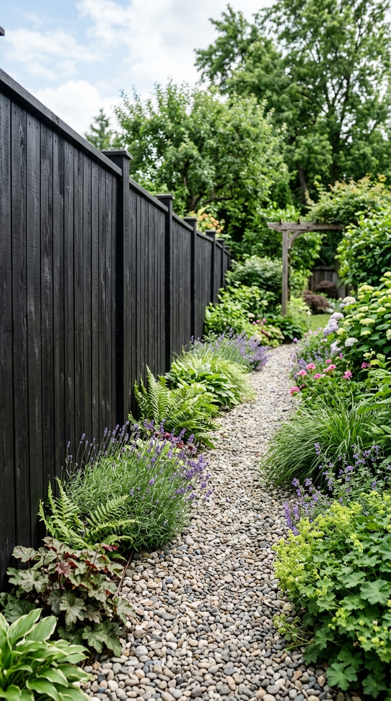 Black garden fence alongside a stone and gravel pathway