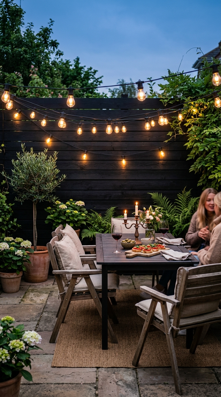Black garden fence with warm string lighting over an outdoor patio at dusk