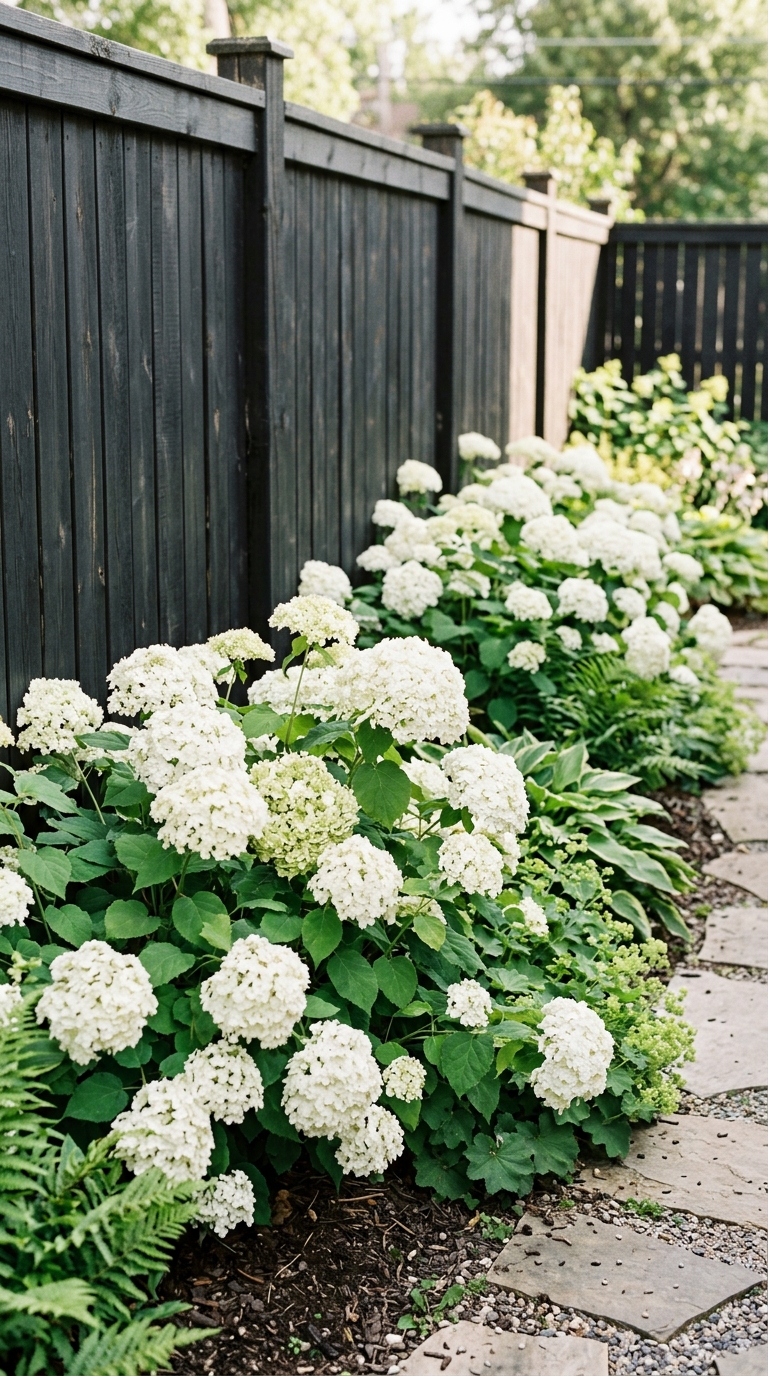 Black garden fence with white hydrangea flower bed for high-contrast curb appeal