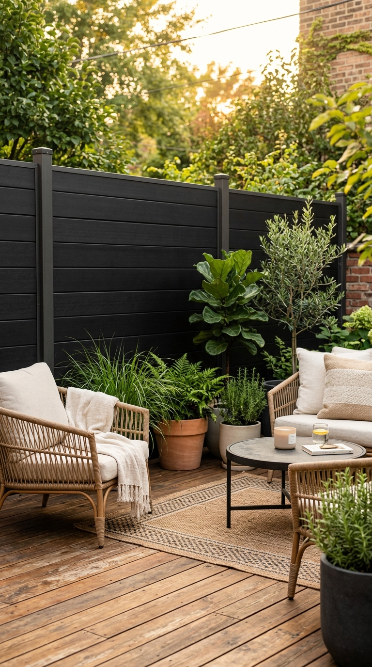 Black horizontal panel fence above warm wood decking in a backyard retreat