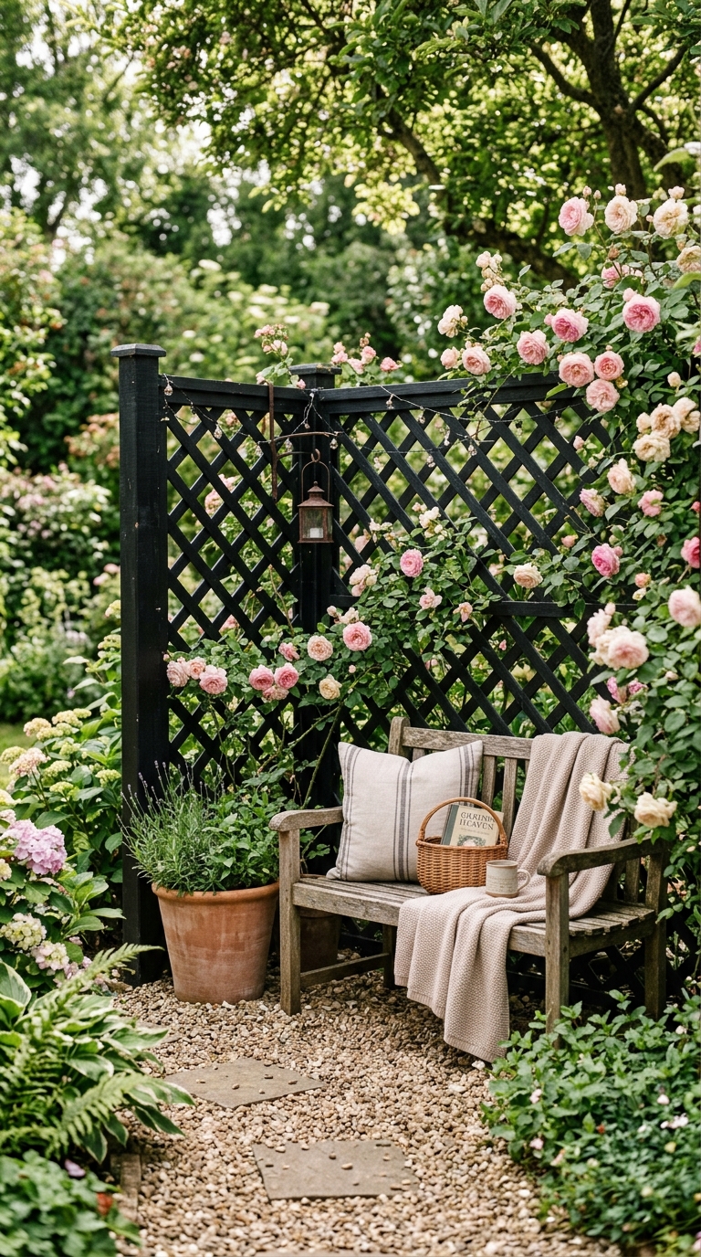 Black lattice garden fence screen creating a cozy shaded nook with a bench