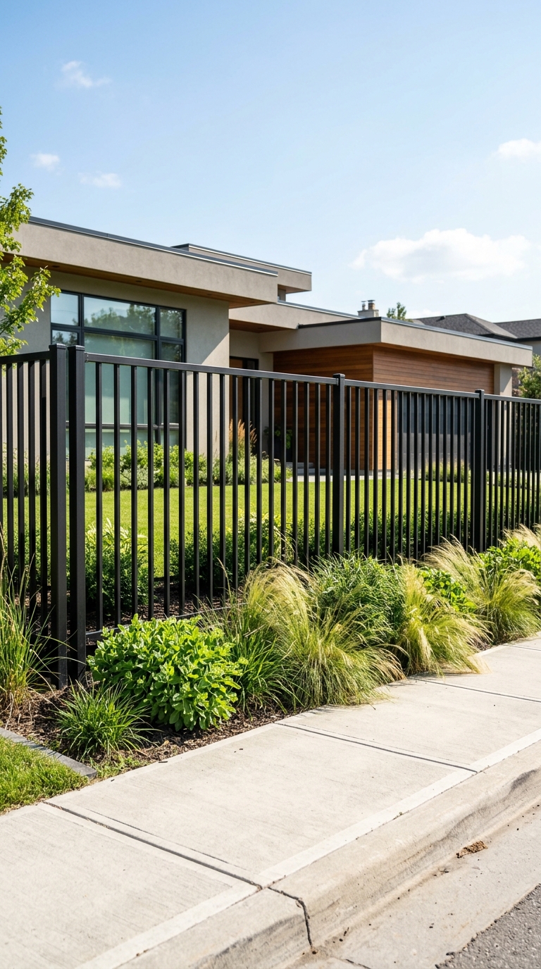 Black metal fence idea for bold front yard curb appeal