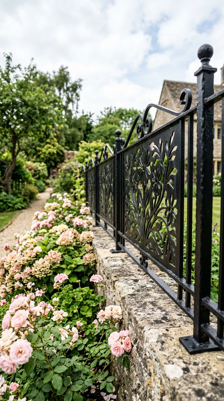 Black metal fence panel with floral cutout design on a stone retaining wall