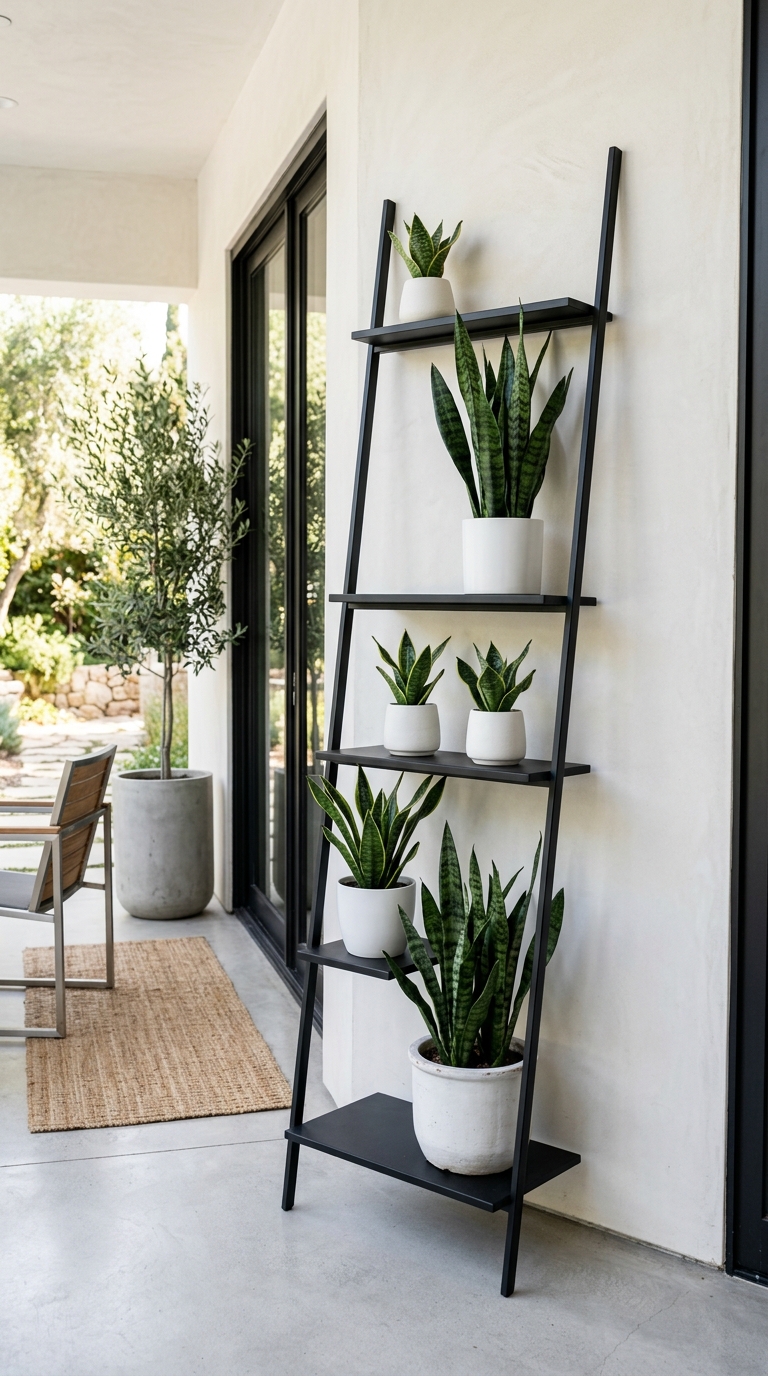 Black metal ladder plant stand styled with snake plants on a modern patio