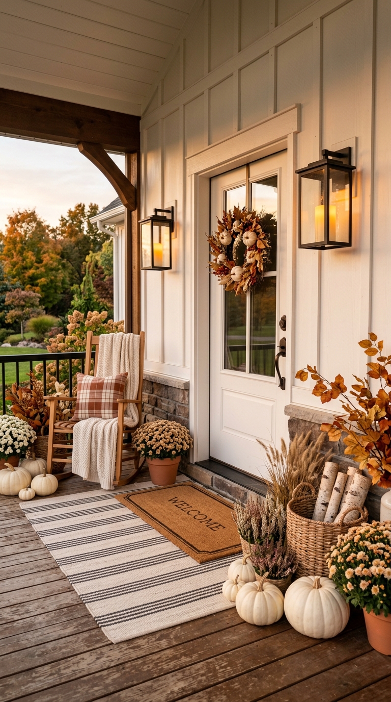 Black metal and glass lanterns flanking a farmhouse front door in fal
