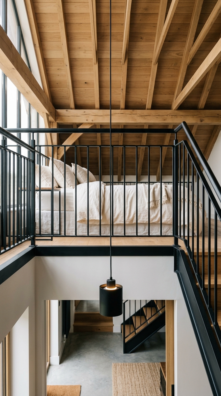Modern loft bedroom with matte black metal safety railing