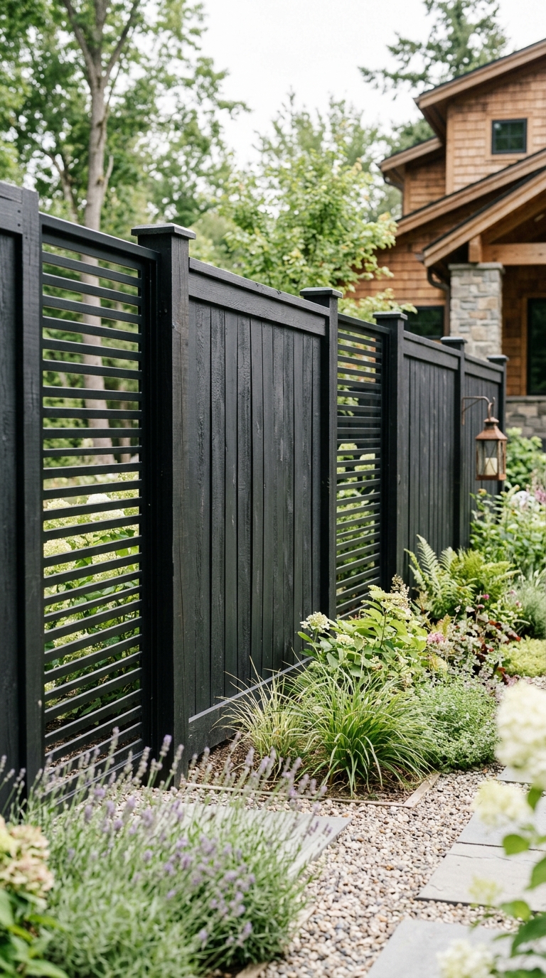 Black fence with alternating wood and metal panel sections