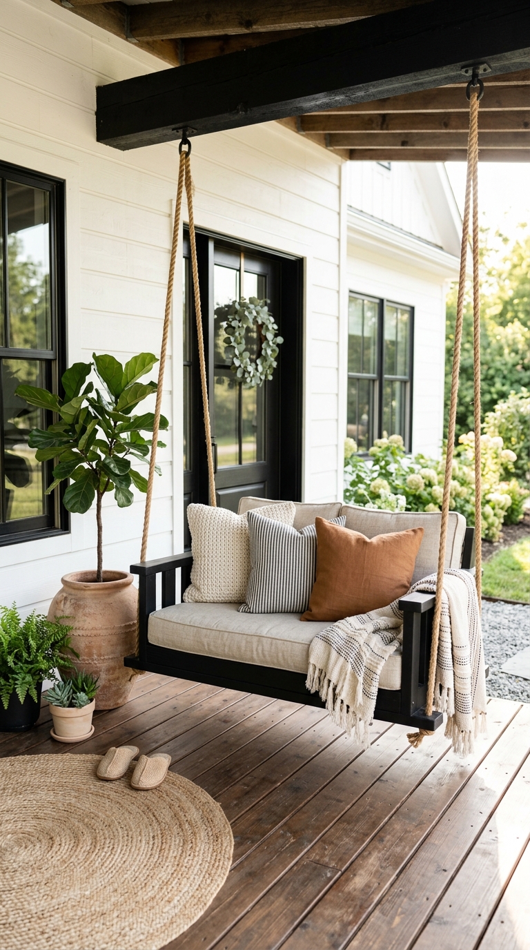 Matte black porch swing styled for a modern farmhouse front porch