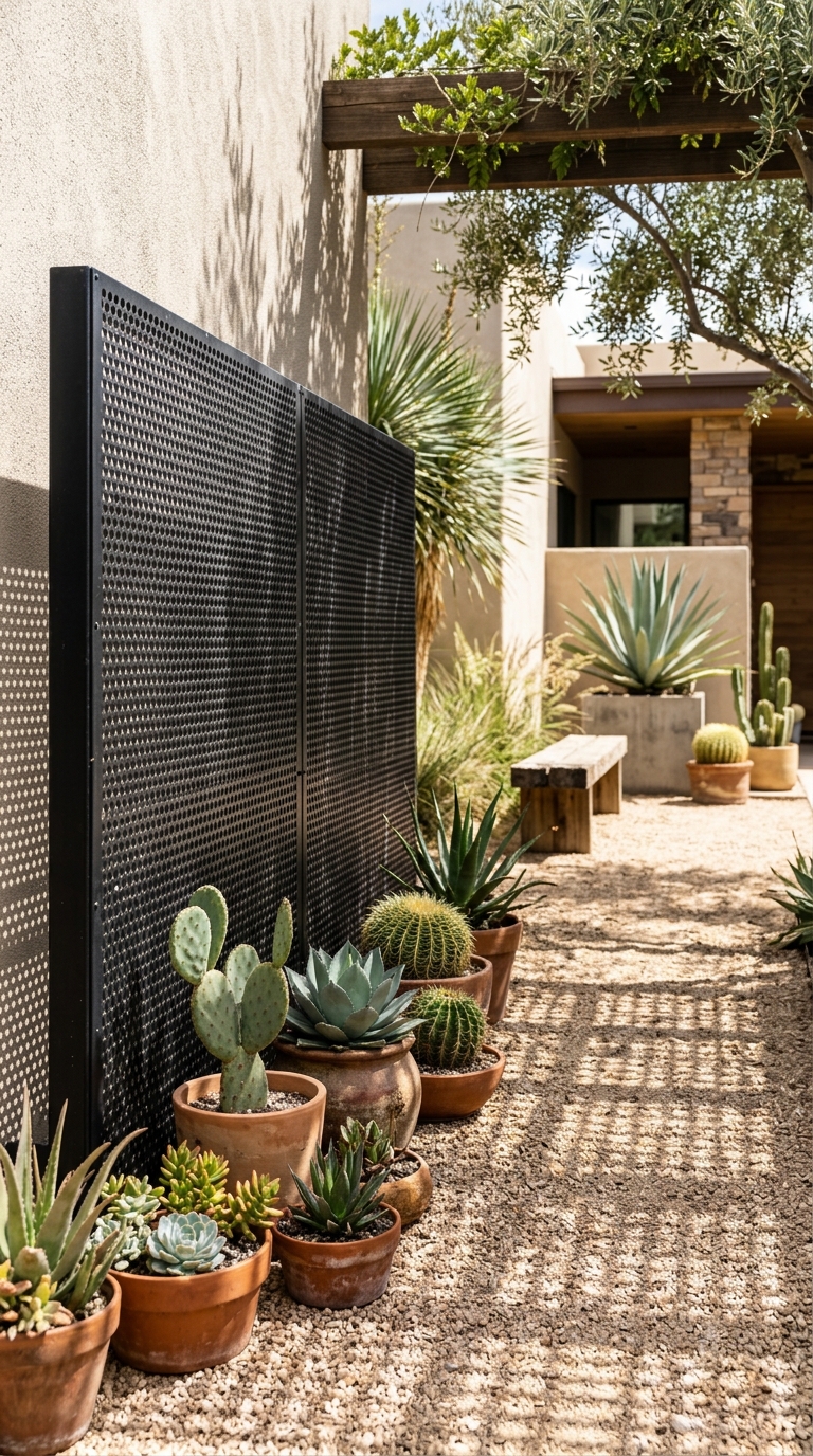 Black perforated metal fence in a desert-style courtyard with potted cacti