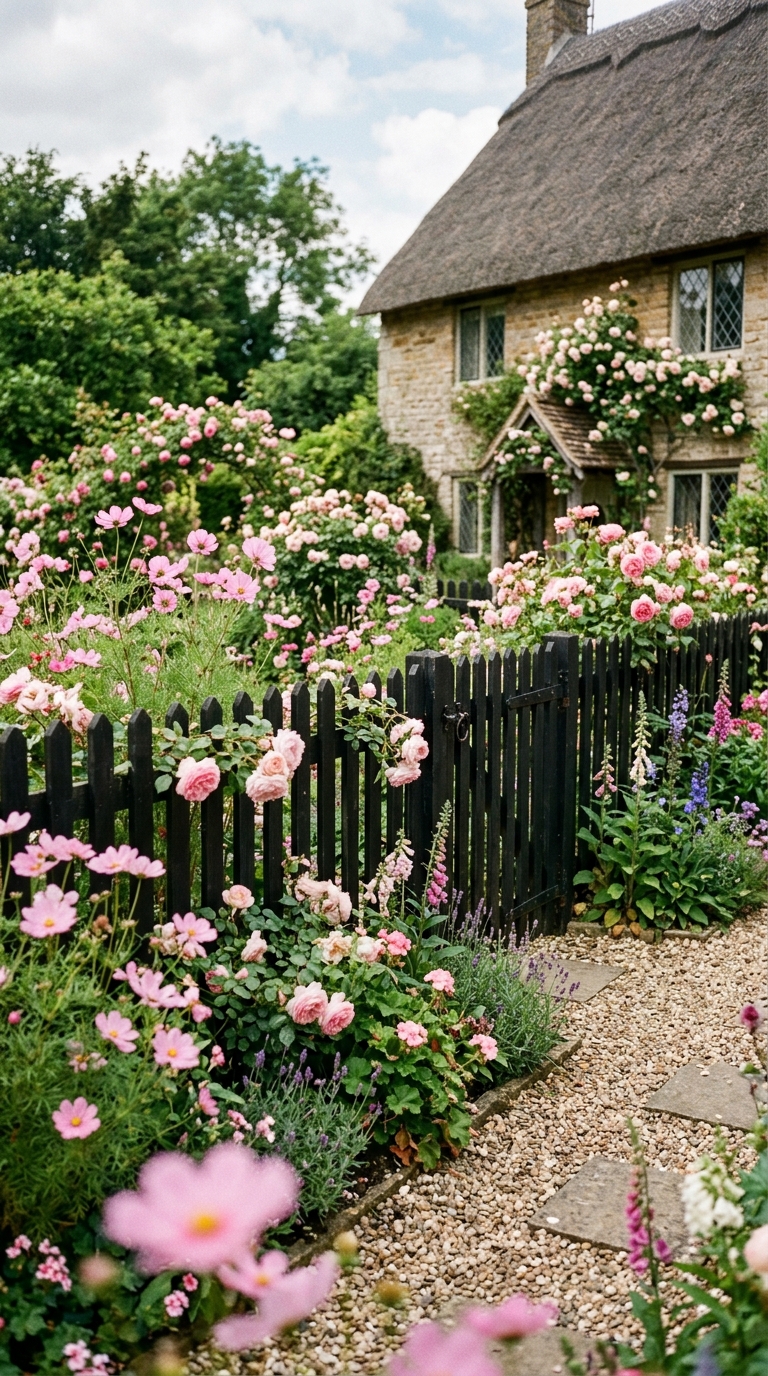 Black picket fence in front of a cottage-style garden with pink cosmos