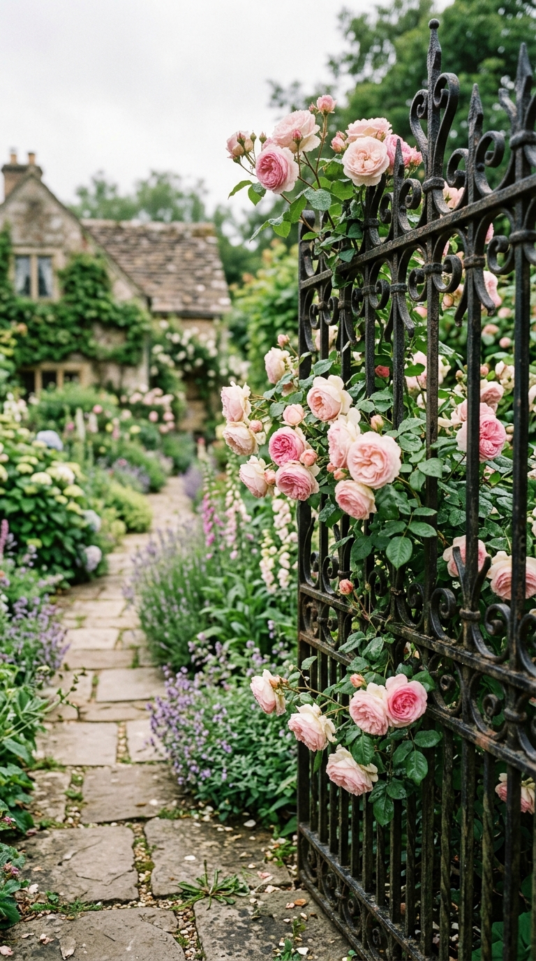 Black wrought iron garden fence with climbing pink roses in a courtyard