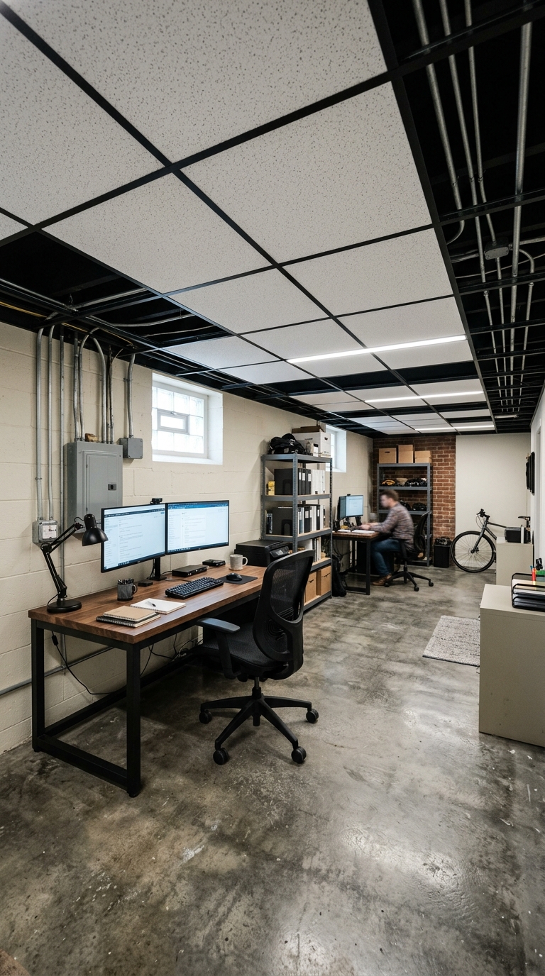Black-painted grid drop ceiling with white tiles in a basement office