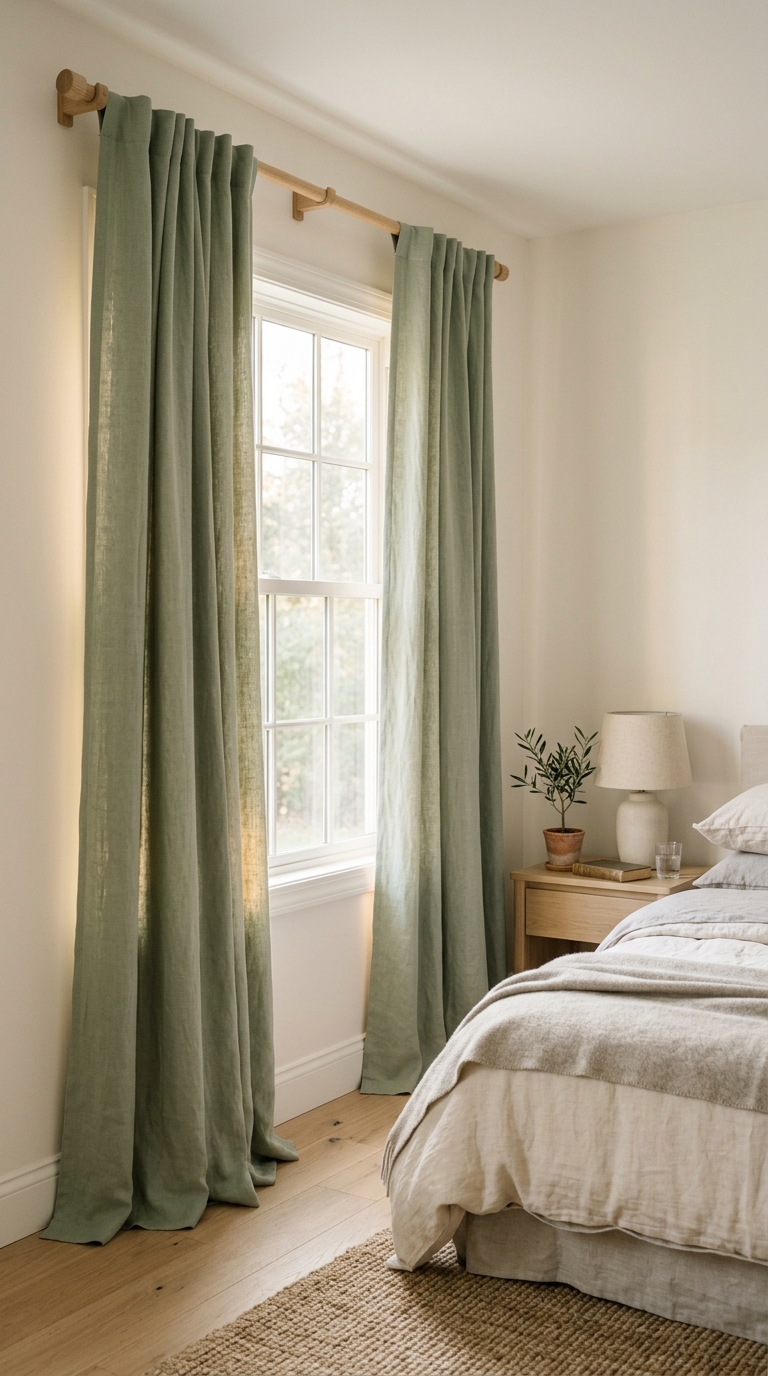 Soft sage green blackout curtains in a calm couples bedroom with diffused morning light