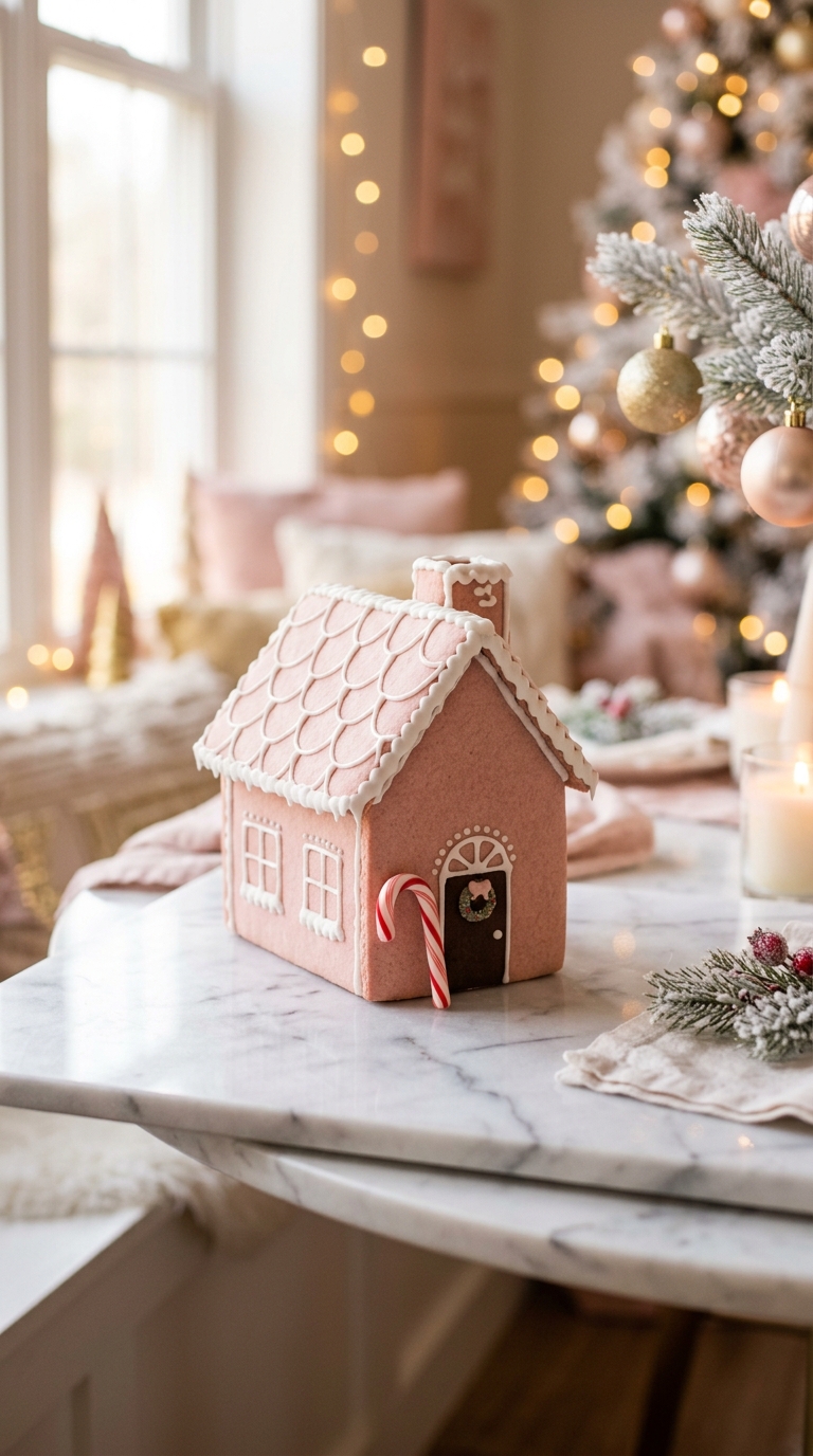 Soft blush-pink gingerbread house with white icing trim, an easy pink gingerbread house idea for beginners