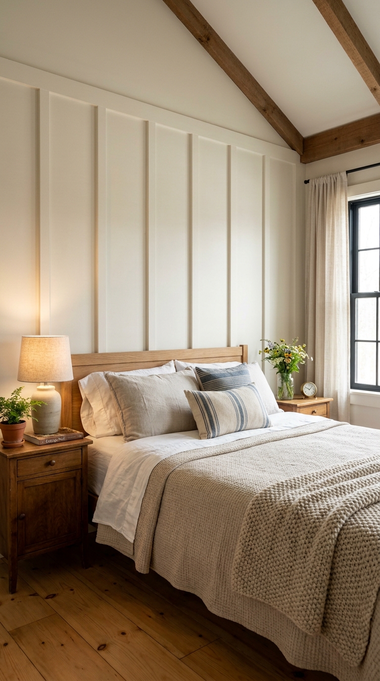 Board and batten wall treatment in a small farmhouse bedroom