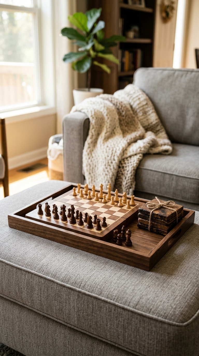 Small board game styled on an ottoman coffee table for family living rooms