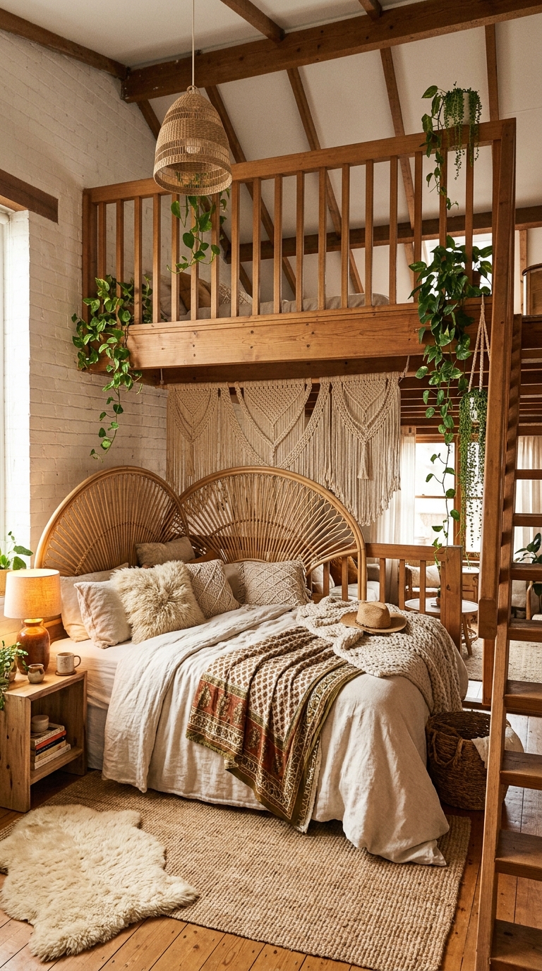 Boho loft bedroom with rattan headboard and hanging macrame decor