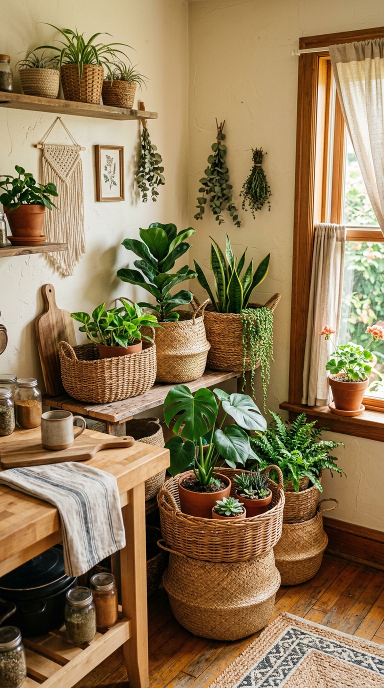 Boho-style woven baskets styled with layered plants in a kitchen