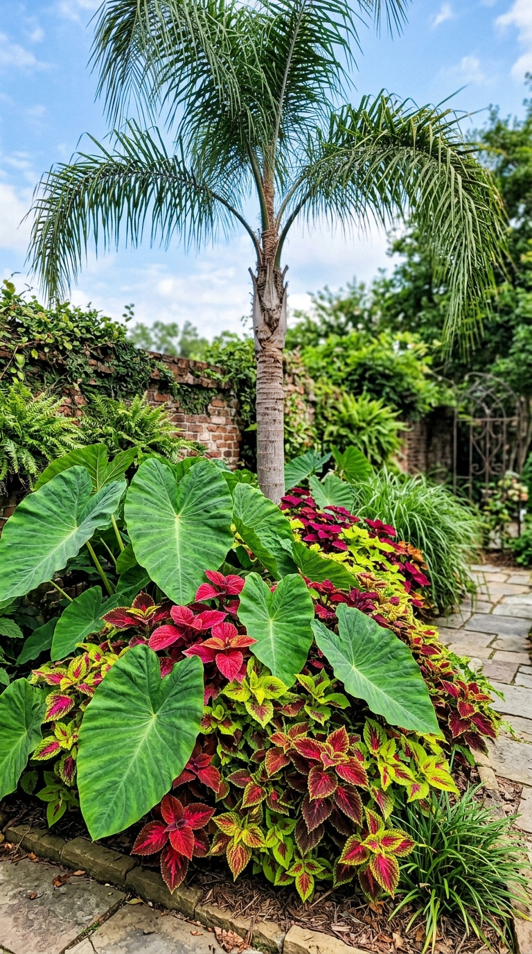 Bold mass planting of elephant ear and coleus in a small tropical garden bed