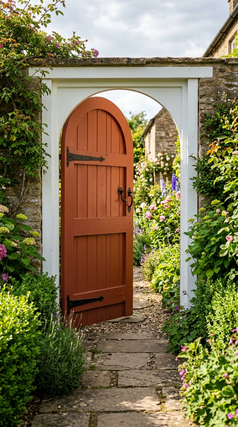 Bold painted garden gate idea in terracotta for a colorful entrance