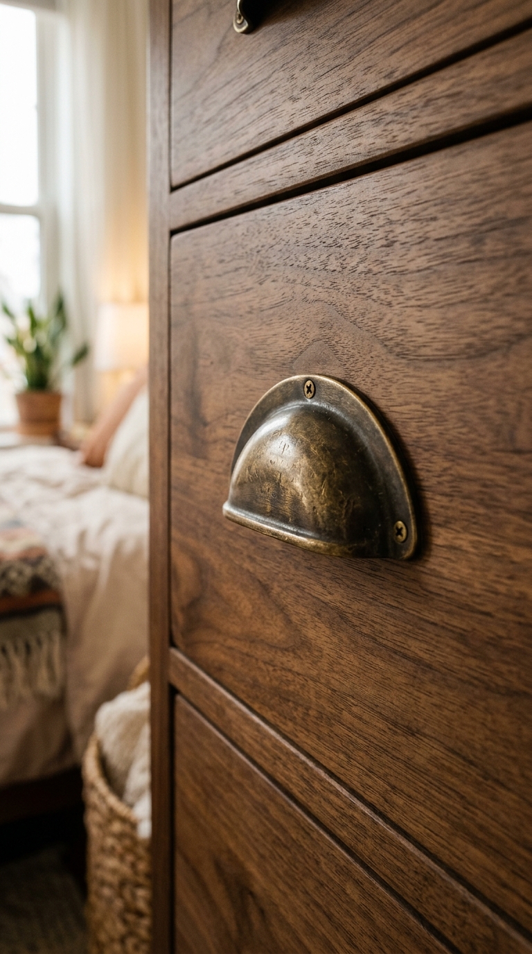 Brass drawer pulls styled on warm wood dresser in fall bedroom