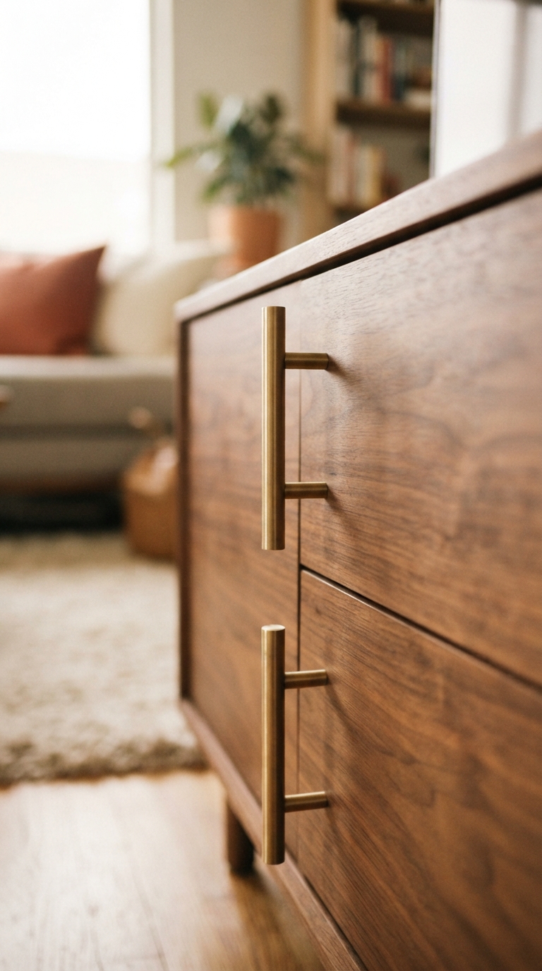Brass cabinet pulls styled on a warm wood console in fall living room