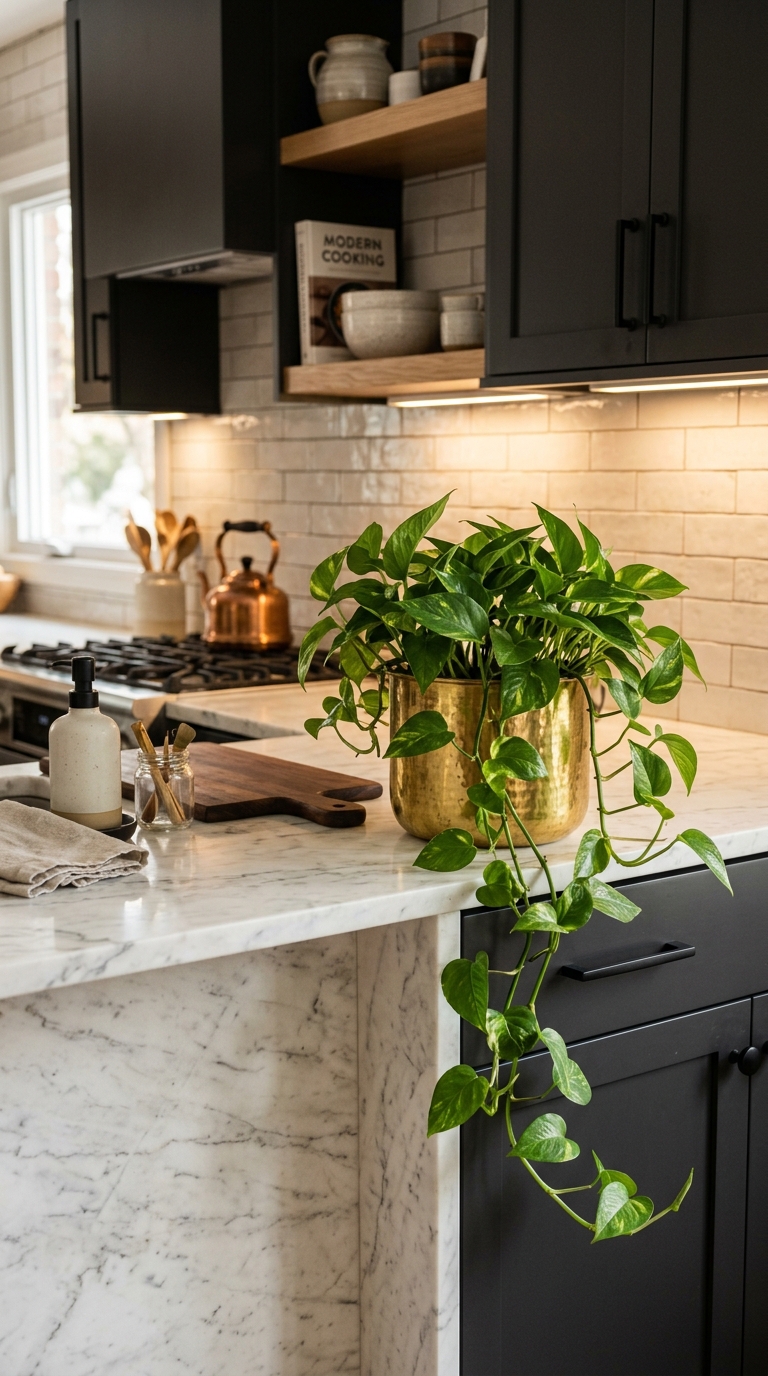 Brass planter with pothos plant in a luxury kitchen setting