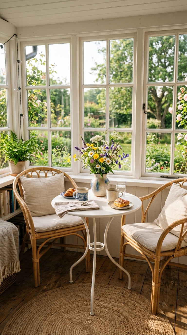 Enclosed porch breakfast nook idea with bistro table and morning light