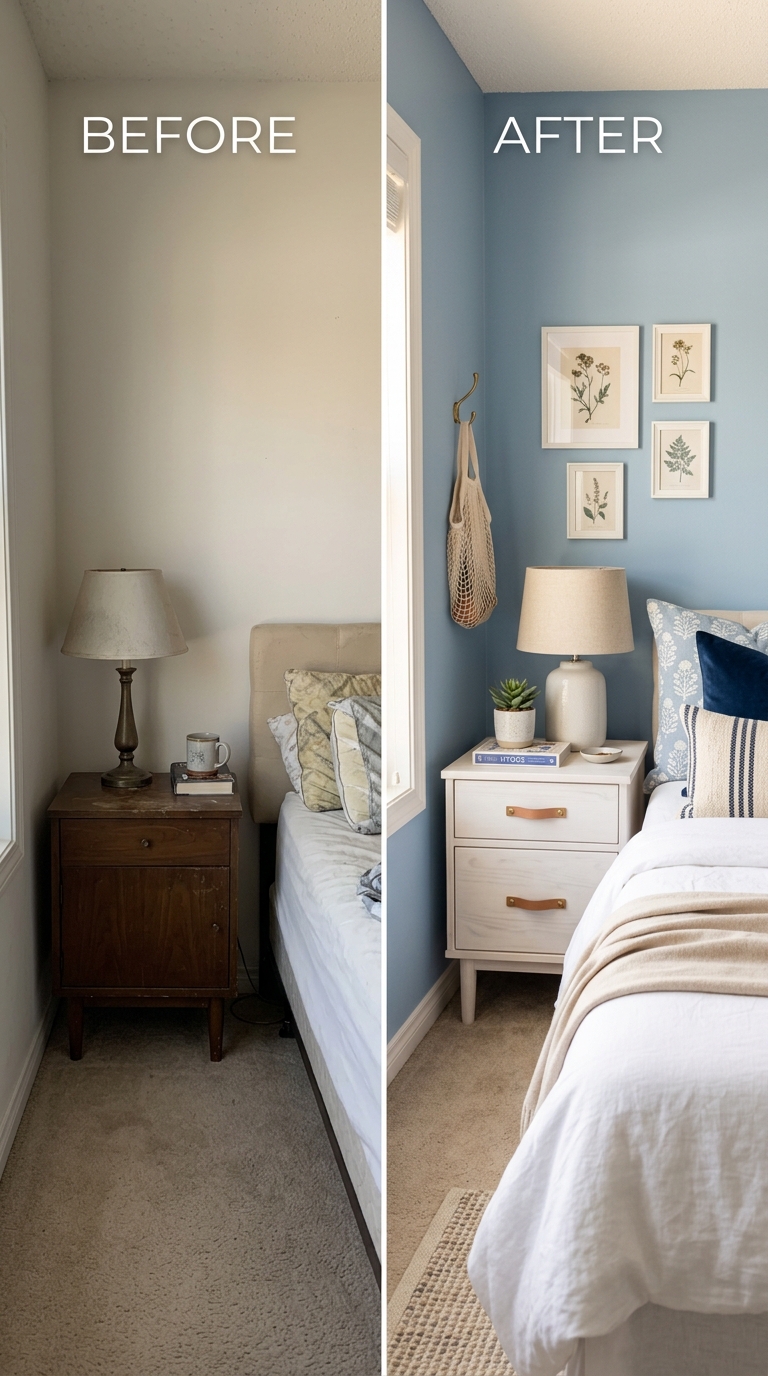 Budget-friendly DIY bedroom upgrade with painted accent wall and refreshed nightstand