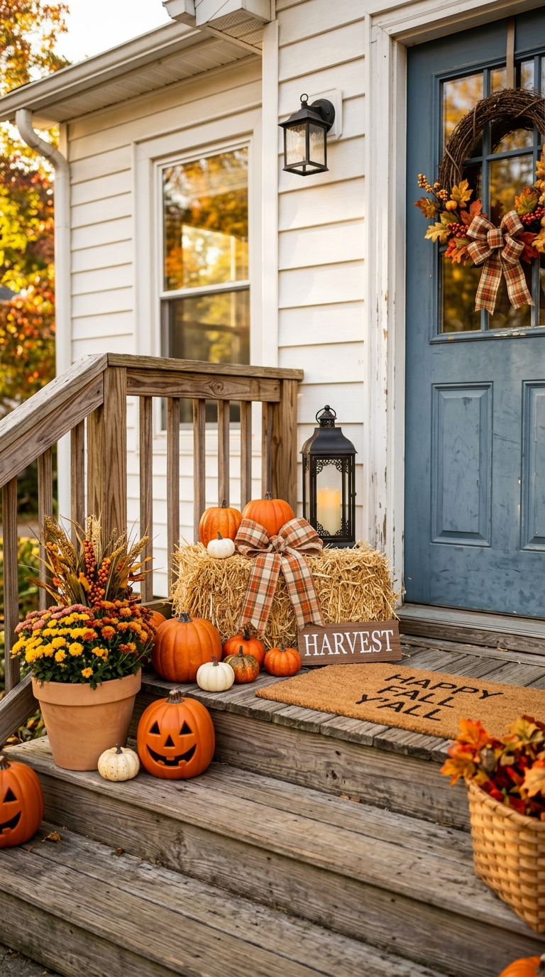 Affordable dollar store fall porch decor with faux pumpkins and hay bale.