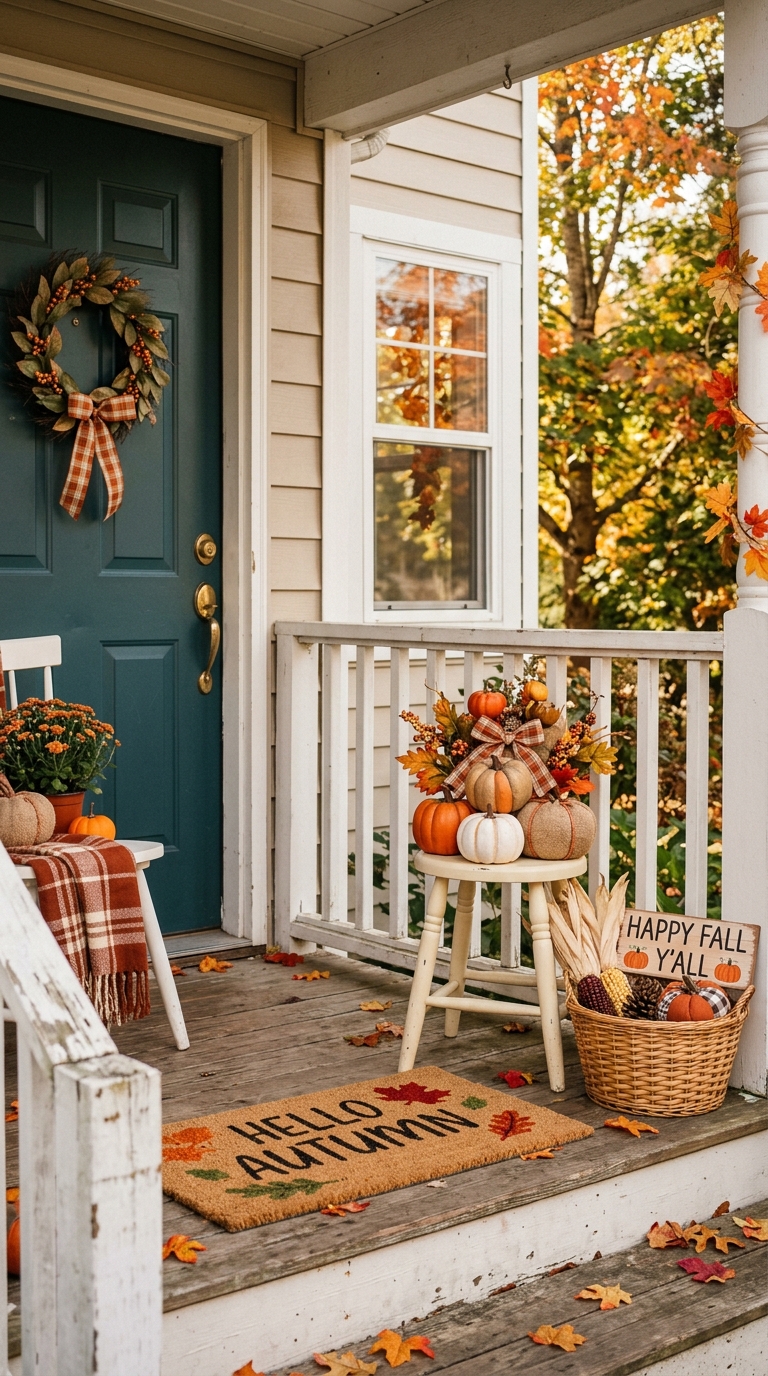 Budget-friendly dollar store fall decor styled on a small front porch.