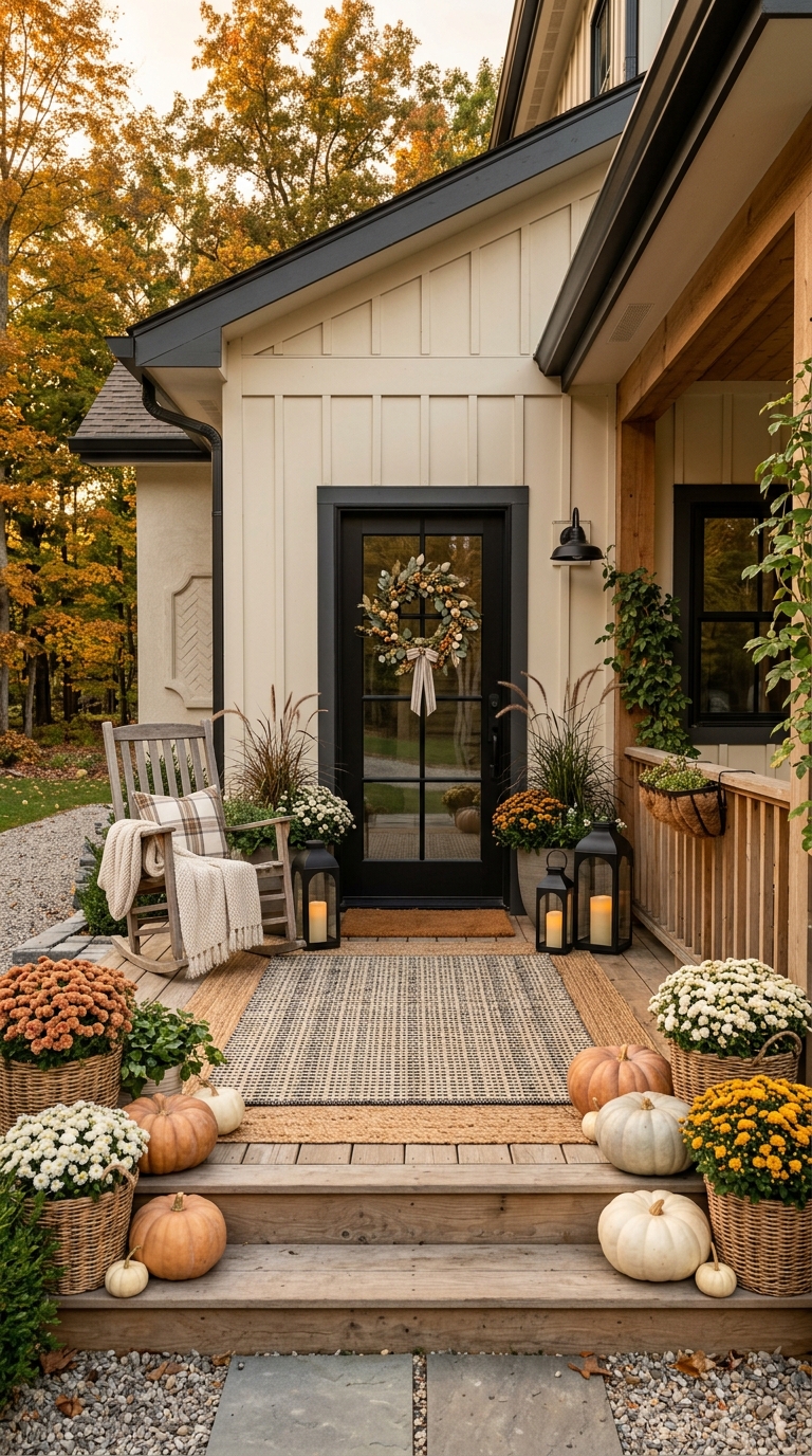 Simple budget-friendly fall porch refresh with doormat, wreath, and pumpkins
