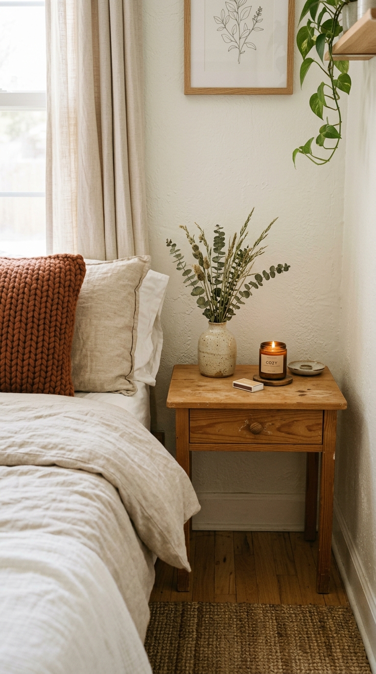 Budget-friendly fall bedroom styling with thrifted decor and warm accents
